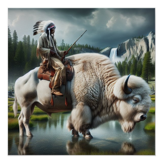 White Buffalo Yellowstone Park mit indischer Kunst Poster (Vorderseite)