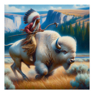 White Buffalo Yellowstone Park mit indischer Kunst Poster