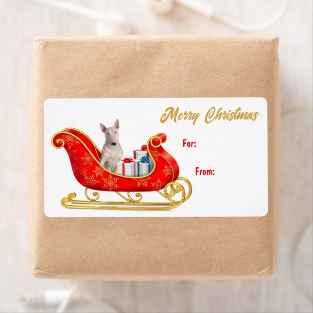 White Bull Terrier Dog Christmas Sleigh Gift Tag (Insitu)