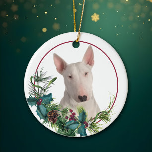 White Bull Terrier Dog Evergreen Berry Wreath Keramik Ornament