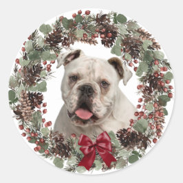 White Bulldog Pinecone Wreath Runder Aufkleber