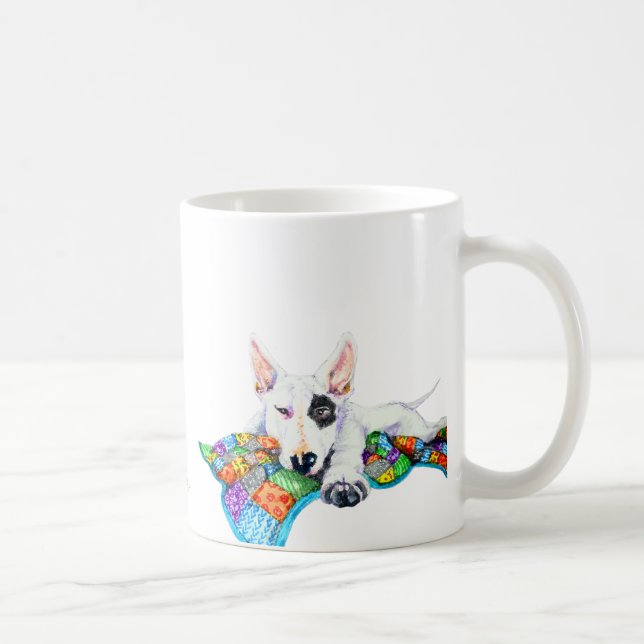 White Bullterer on Patchwork Blanket - Kunst Kaffeetasse (Rechts)