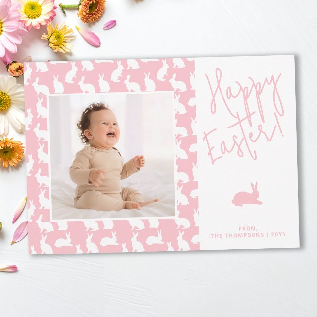White Bunnies On Pink With Custom Photo Easter Karte (Von Creator hochgeladen)