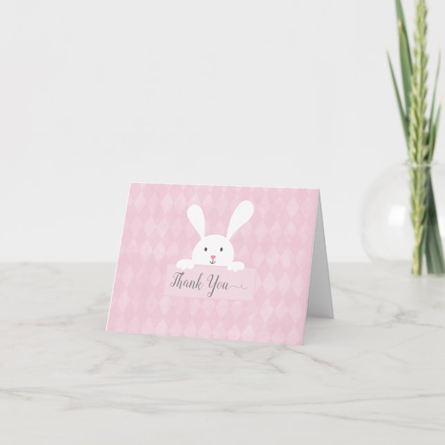 White Bunny Baby Dusche Pink Raute Vielen Dank Dankeskarte (Vorderseite)