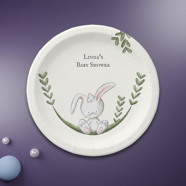 White Bunny Botanical Neutral Baby Shower Pappteller (Von Creator hochgeladen)