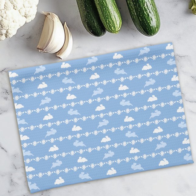 White Bunny Daisies Niedlich Spring Pattern Blau Geschirrtuch (Von Creator hochgeladen)