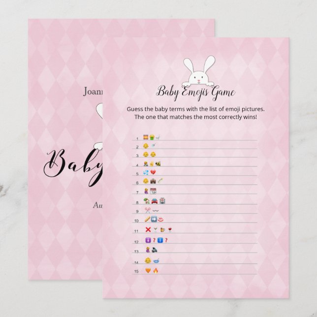 White Bunny Pink Raute Baby Emoji Pictures Spiel Einladung (Vorne/Hinten)