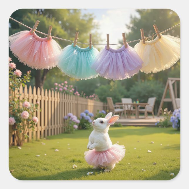 White Bunny Wearing a Pink Tutu Quadratischer Aufkleber (Vorderseite)