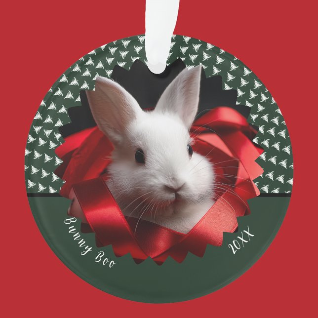 White bunny with red ribbon on green holiday  ornament (Von Creator hochgeladen)