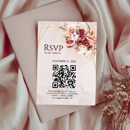 White & Burgundy Floral Gold QR Wedding RSVP Card Karte