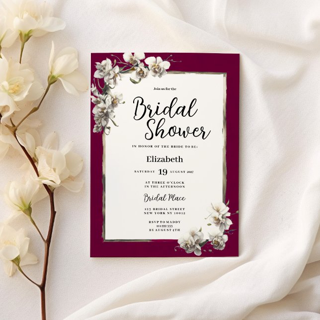 White burgundy gold orchid floral Bridal Shower Einladung (White burgundy gold orchid floral Bridal Shower)