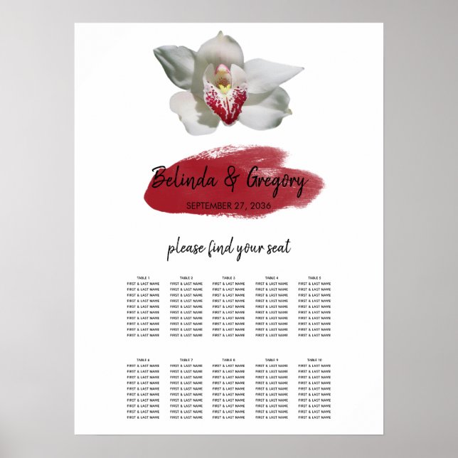 White Burgundy Orchid Wedding Chart Poster (Vorne)