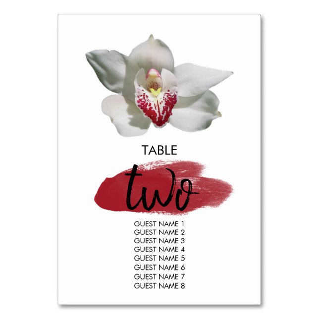 White Burgundy Orchid Wedding Guest Names Tischnummer (Vorderseite)