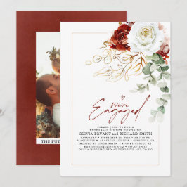 White Burgundy Red Floral Engagement Party Photo Einladung