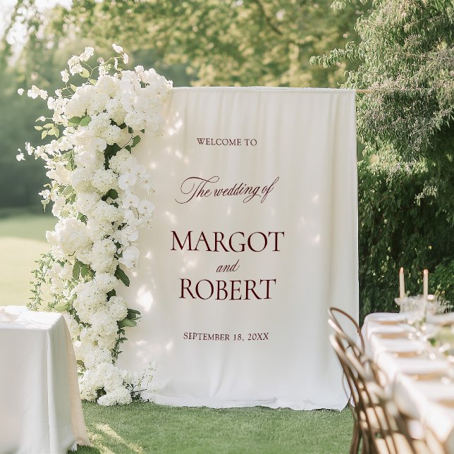 White & Burgundy Wedding Welcome Sign Banner Wandteppich (White & Burgundy Wedding Welcome Sign Banner Tapestry)