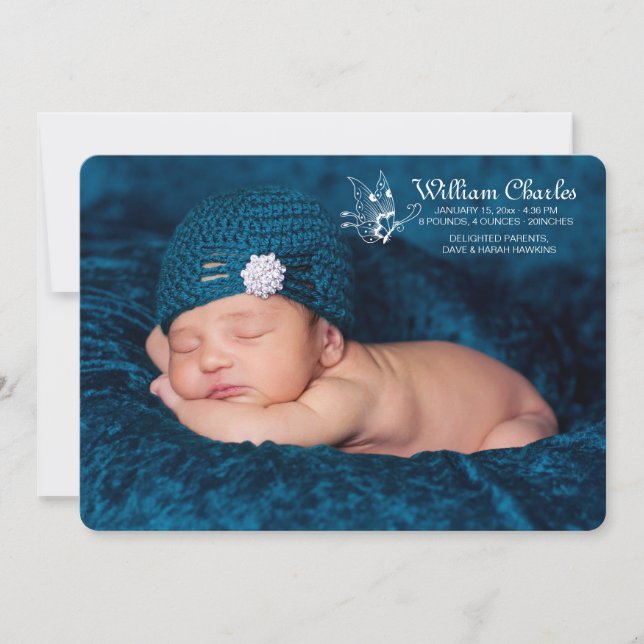 White Butterfly Foto Geburtserklärung Ankündigung (Vorderseite)