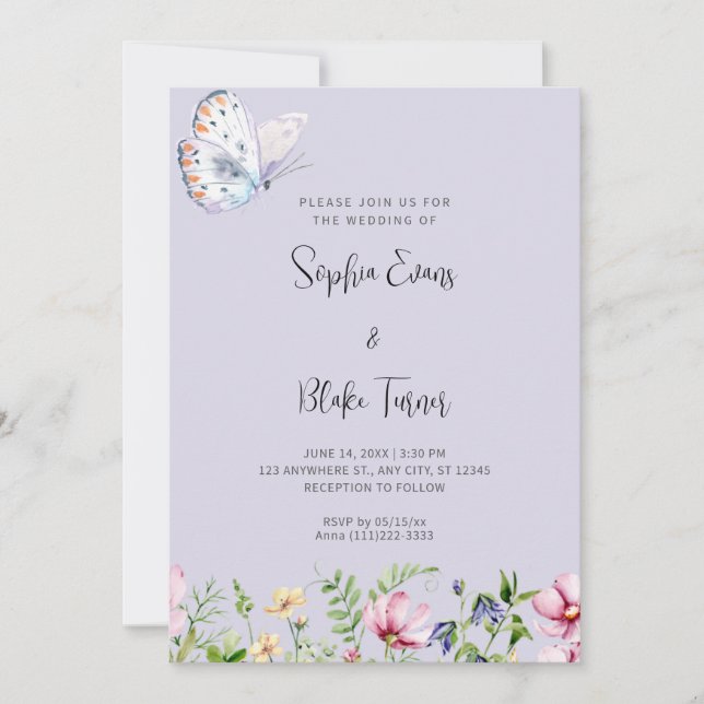 White Butterfly und Wildblumen Periwinkle Wedding Einladung (Vorderseite)