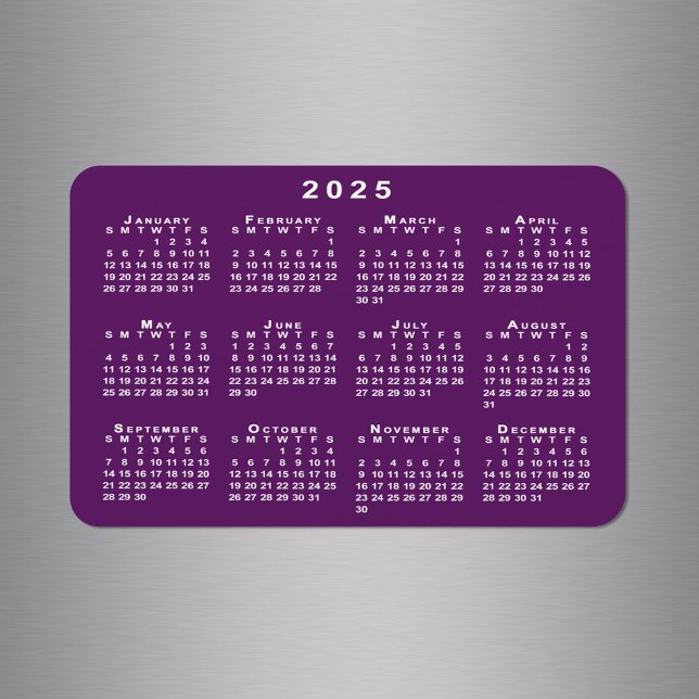 White Calendar on Lila Background Template Magnet (White 2025 Calendar on Purple Background Template Magnet, in situ)