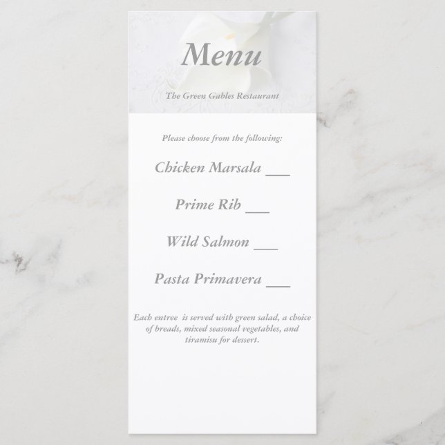 White calla lilies auf Leinen Hochzeitskarte Menükarte (Vorderseite)