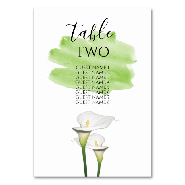 White Calla Lilies Watercolor Wedding Guest Names Tischnummer (Vorderseite)