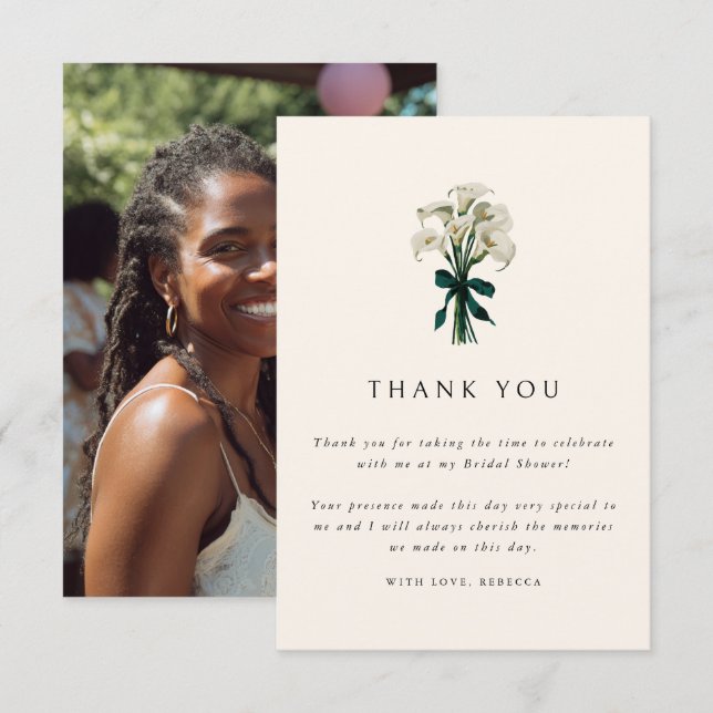 White Calla Lily Elegantes Foto Brautparty Dankeskarte (Vorne/Hinten)