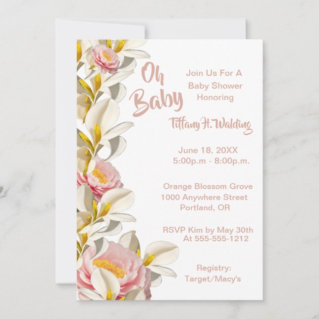 White Calla Lily & Peony Oh Baby Girl Babydusche Einladung (Vorderseite)