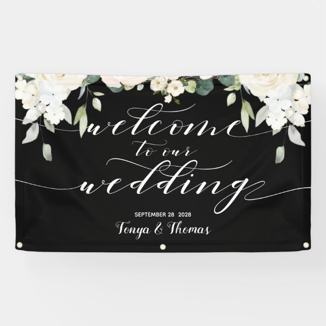 White Calligraphy Peony Black Willkommen bei unser Banner (Horizontal)
