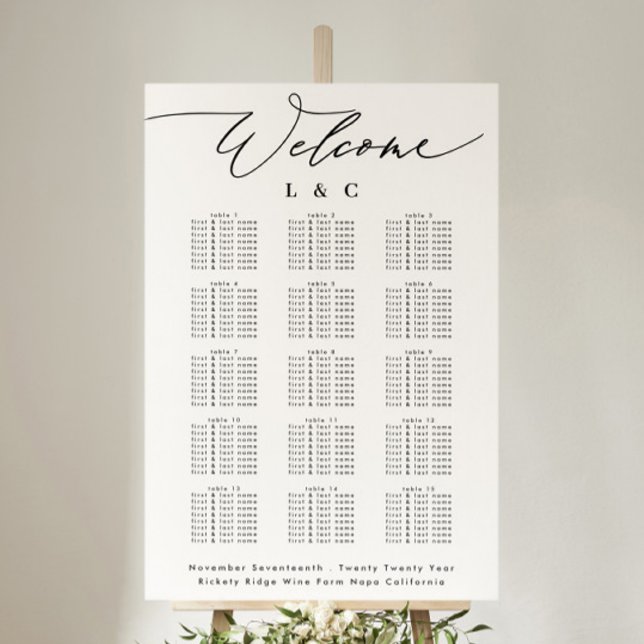 White Calligraphy Wedding Welcome Seating Chart Poster (Von Creator hochgeladen)