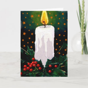 White Candle, Holly Berries, Stars: Christmas Feiertagskarte