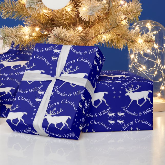 White Caribbean Reindeer Christmas Custom Navy Blu Geschenkpapier (Feiertage)