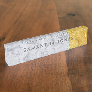 White Carrara Marble Gold Classic Personalisiert Namensplakette