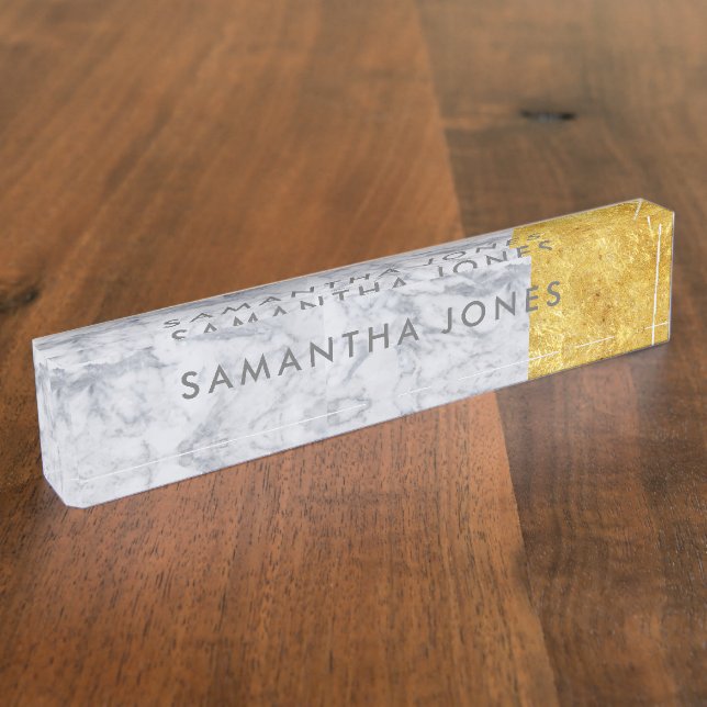 White Carrara Marble Gold Classic Personalisiert Namensplakette (Seite)
