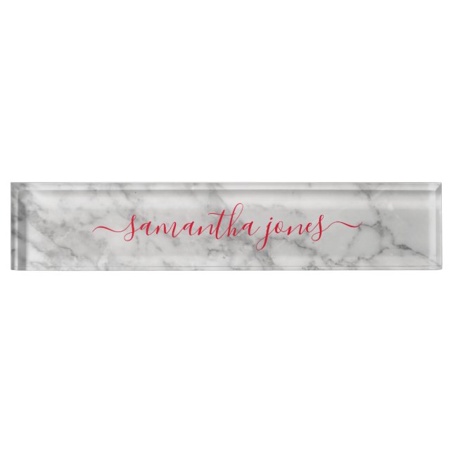 White Carrara Marble Gold Classic Script Namplate Namensplakette (Vorderseite)