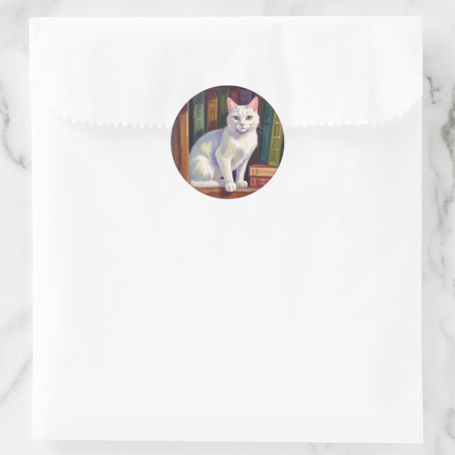 White Cat Drawing Runder Aufkleber (Tasche)