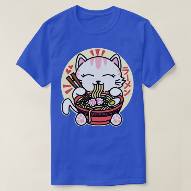 White Cat Eating Ramen T-Shirt (Design vorne)