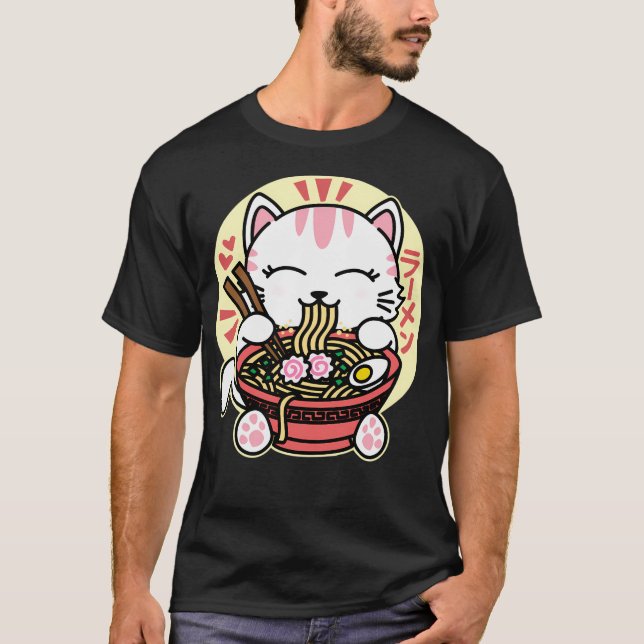White Cat Eating Ramen T-Shirt (Vorderseite)