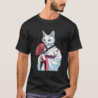 White Cat Geisha Funny Pet Kimono T-Shirt
