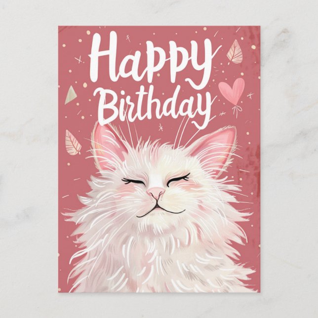 White Cat Happy Birthday Postkarte (Vorderseite)