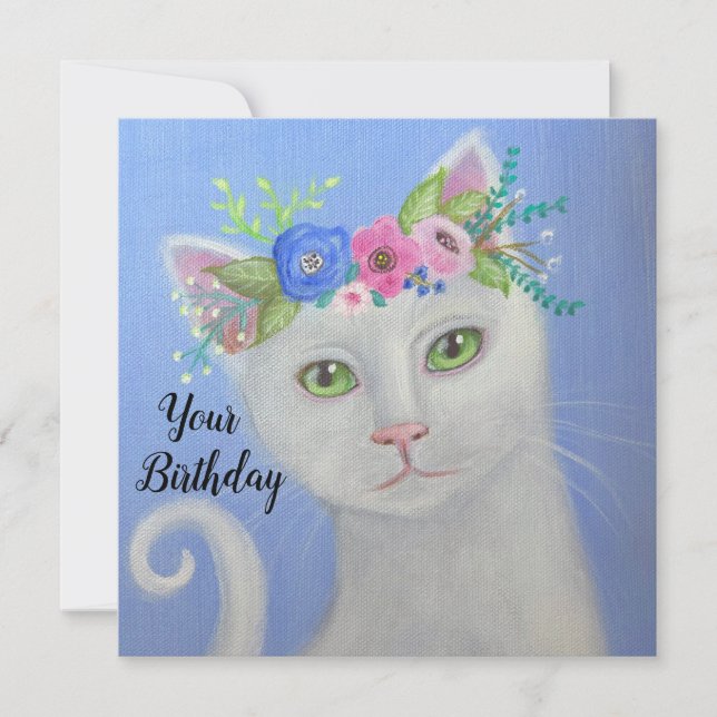White Cat I Blume Crown Whimsical Art (Vorderseite)