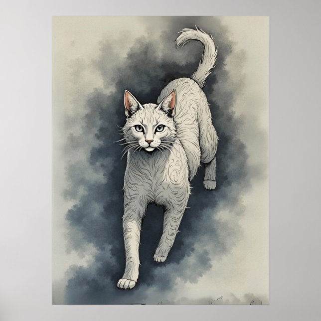 White Cat in a Chinese Ink Drawing Style Poster (Vorne)