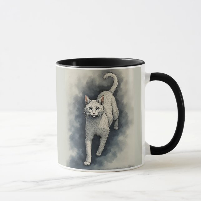 White Cat in a Chinese Ink Drawing Style Tasse (Rechts)