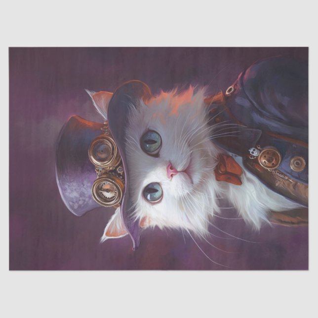 White Cat in Steampunk Costume Decoupage Seidenpapier (Vorderseite)
