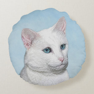 White Cat Malerei - Niedliche Original Cat Art Rundes Kissen