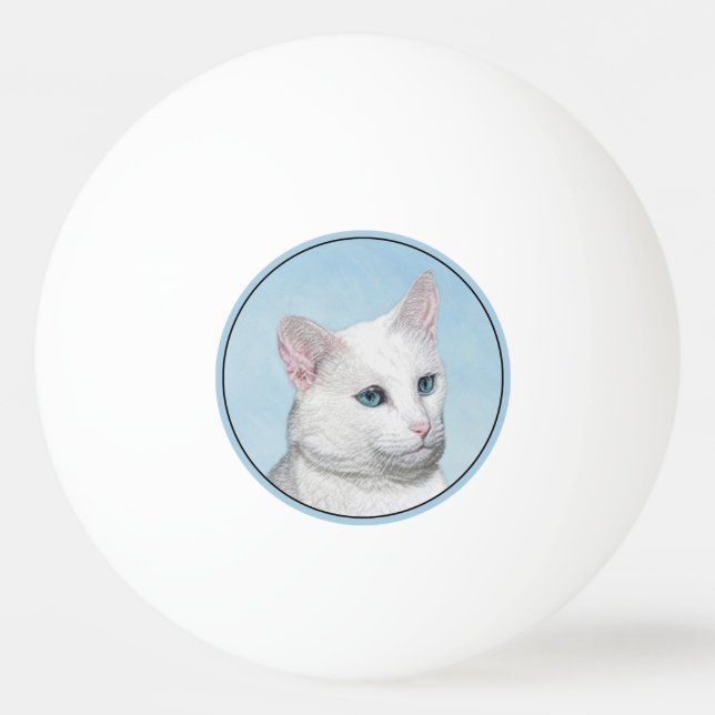 White Cat Malerei - Niedliche Original Cat Art Tischtennisball (Vorderseite)