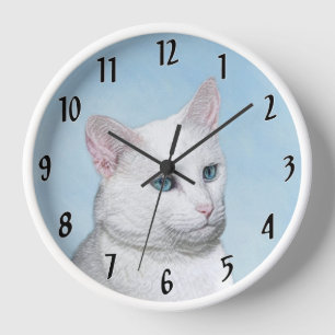 White Cat Malerei - Niedliche Original Cat Art Uhr