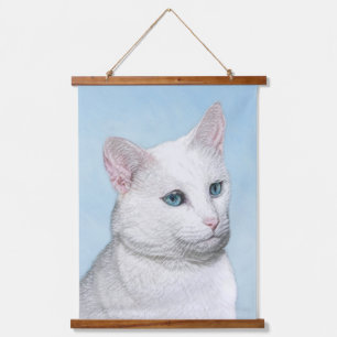 White Cat Malerei - Niedliche Original Cat Art Wandteppich Mit Holzrahmen