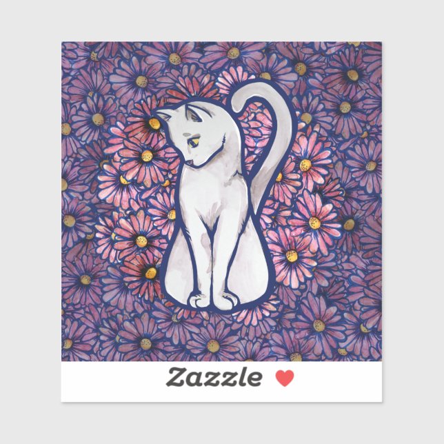 White Cat Mauve Daisies Aufkleber (Blatt)
