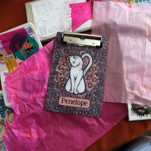 White Cat Mauve Daisies Mini Klemmbrett