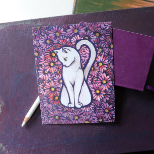 White Cat Mauve Daisies Postkarte