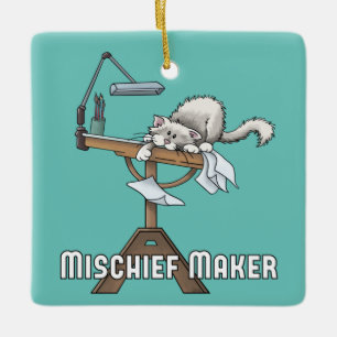 White Cat Mischief Maker Keramik Ornament